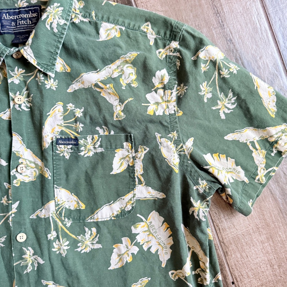Abercrombie & Fitch Mens Vintage 90s Mens Hawaiian Hula Button Up Shirt, Green,L - Picture 3 of 11